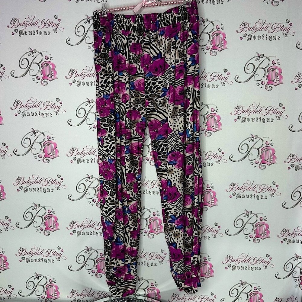 Pants cheetah print zebra floral purple black blue white stretchy jogger hippie